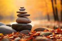 Pile Of Zen Stones In The Autumn Forest.