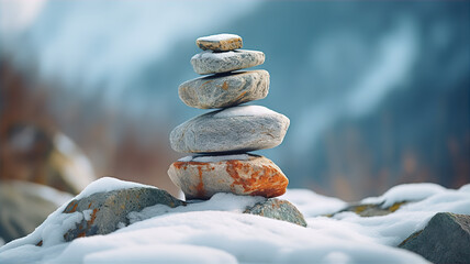 Wall Mural - Stone tower in winter mountains. Winter yoga theme