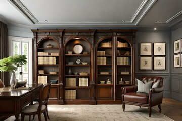 A traditional wooden bookcase with intricate carving details