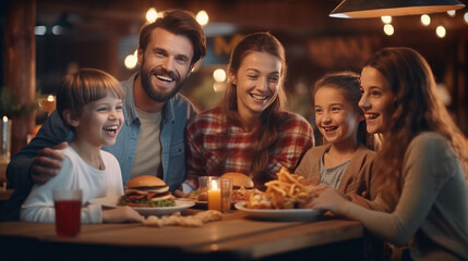 Wall Mural - Happy family eating cheese burger in the restaurant