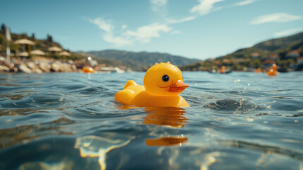 Yellow rubber duck toy in the sea