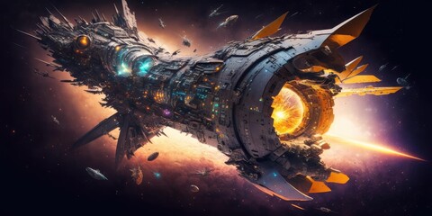 Poster - biomechanical starship traveling through space scifi high quality technology. generative ai aig16.