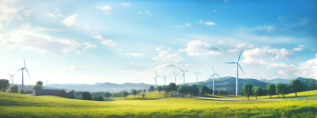 Wind turbines gently spinning in the background of tranquil countryside scene. Renewable energy sources integrated into daily life. Generative Ai content.