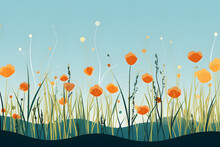 Serenely Illustrated Orange Flowers With Tall Grass Against A Teal Background