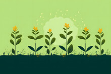 Green Plants With Yellow Flowers On A Bright Background With Floating Dots Illustration