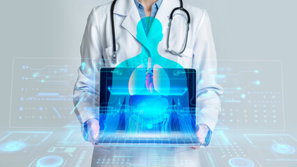 Fototapete - Woman doctor showing laptop with human body holgram, double exposure