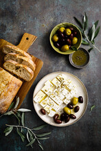 Feta Cheese, Olives And Ciabatta, Top View