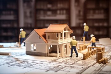 Poster - Miniature construction workers and building architectural model with plans and blueprint documents