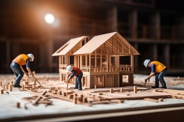Poster - construction scene: miniature workers build architectural model, surrounded by plans and blueprints.