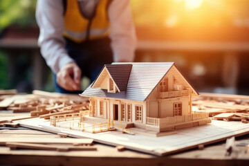 Poster - hands of an architect or engineer intricately handle a building construction model on the table