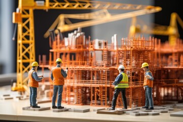 Poster - Miniature construction workers craft architectural model, referencing plans and blueprint documents