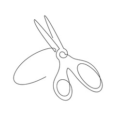 Wall Mural - Scissors one line continuous drawing vector illustration. Hand drawn linear silhouette icon. Graphic design, print, banner, card, poster, brochure, hairdresser, barber shop, salon, logo, stationery.