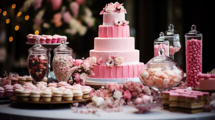 Wall Mural - pink cake with candles, candy bar, sweet, desert