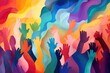 diversity: colorful hands up people from different races and nations inclusivity, lgbtq pride month