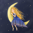 Cute sleeping girl sitting on the moon. Stars and trees. Magical and mysterious illustration