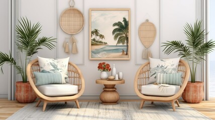 Minimalistic bohemian cosy interior design idea. Boho mock-up illustration. Generative AI.