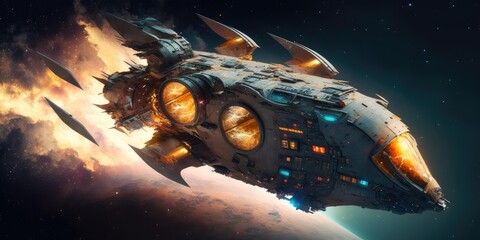 Poster - biomechanical starship traveling through space scifi high quality technology. generative ai aig16.