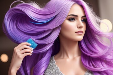 Wall Mural - Pink hair Girl with Elegant and shiny Hairstyle. Beautiful Model Woman with long Curly Hairstyle. Care and Beauty Hair products. Perfect Make-Up. Generative AI