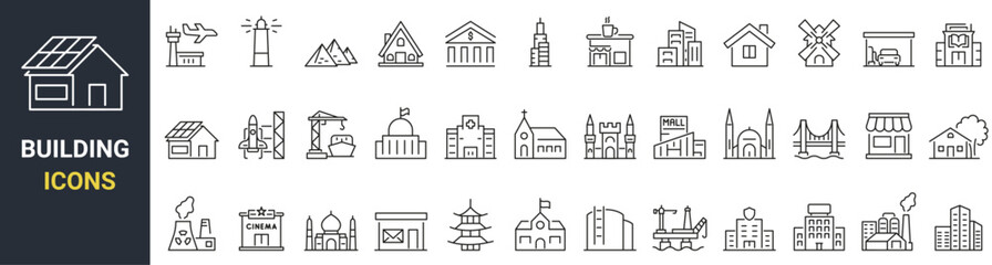 Wall Mural - Set of 36 web icons Building in line style. Airport, Office, Hotel, Hospital, Insurance, town house, mall, coffee, . Vector illustration.