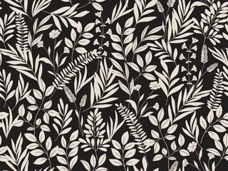 Seamless floral background with leaves. Hand drawn minimal abstract organic shapes pattern. Vector black abstact pattern with grey leaves and flowers.