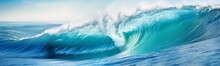 Big Breaking Blue Ocean Wave. Surfing Summer Wave Banner - Generative AI