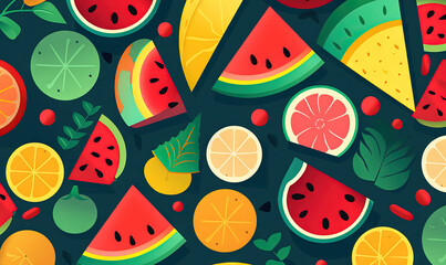  a bunch of fruit that are on a black background with a green background.  generative ai