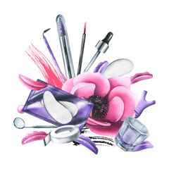 Wall Mural - Pink cosmetic bag with beauty master's tools for laminating eyelashes, with brushes, silicone rollers, patches. Watercolor illustration, hand drawn. Isolated composition on a white background