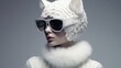 Fashionable girl in cat costume and sunglasses. Fashion model woman in bright light. Face art. Generative AI. Design for banner, poster, cover, brochure or presentation.