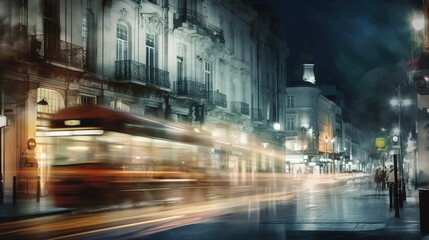 Wall Mural - Road with light trails of passing vehicles. Motion speed light in city. Dynamic background. Town at night with speed traffic. Generative AI. Illustration for banner, poster, cover or presentation.