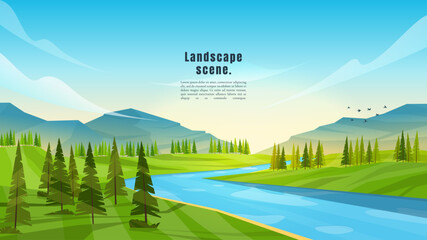 Wall Mural - vector illustration. meadow polygonal landscape. clear sky background. lake by forest. graphic moder