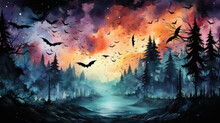 A Painting Of Bats Flying Over A Forest. Generative AI. Halloween Background.