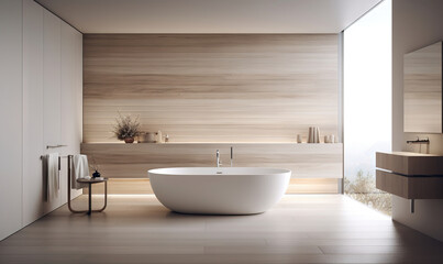 Wall Mural -  a large white bath tub sitting in a bathroom next to a sink.  generative ai