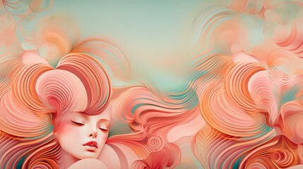 Wall Mural - The concept of a fairy tale. Fantasy fashion idea. Female with long wavy pink hair. Strands, multicolored lines. Different shades of pink, apricot color in hair. Red hair and pastel green background.