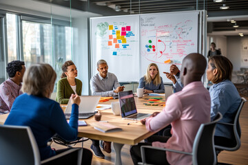 A multigenerational business team sitting in a meeting room, with a whiteboard filled with ideas and action plans in the background Generative AI