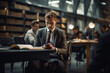 © Stavros - Young businessman in suit reading book ang making notes. Young man at wooden desk. Stylish guy wearing formal clothes. Library room at daytime.
