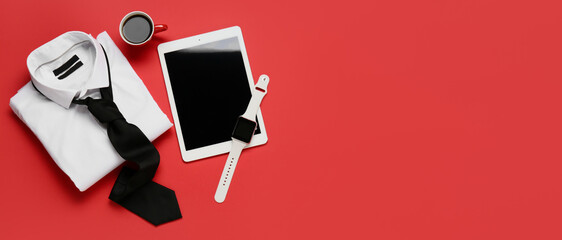 Stylish male clothes, tablet computer, smartwatch and cup of coffee on red background with space for text