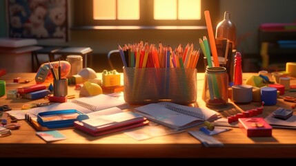 desk of a student doing homework, with pencils, colors and art supplies