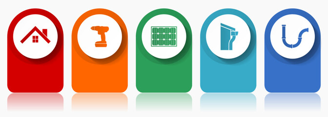 Poster - Home service icon set, miscellaneous vector icons such as house, drill, solar energy, roof and gutter and pipe, modern design infographic template, web buttons in 5 color options