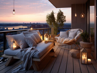 Modern cozy balcony, terrace with evening, sunset. Comfortable seats. Candle and light bulbs.