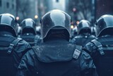 Fototapeta Kosmos - police in full gear on the street. police in hardhats, hard hats and body armor fighting against protests or riots.Generative AI