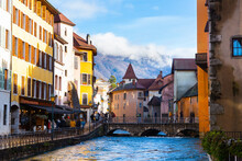 Scenic Cityscape Of Old Town Of Annecy, Southeastern France.Medieval City Of Annecy With Thiou Canal At Sunny Winter Day, Haute Savoie Department In Auvergne Rhone Alpes Region, France