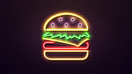 Wall Mural - Neon 3d burger with cheese cutlet and salad in a bun in yellow green and red on the background of a brick wall. Poster for fast food.