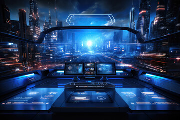 Canvas Print - Futuristic technology background with a digital HUD interface, showcasing virtual computer screens and cyber communication holograms in a VR cyberspace. Generative Ai.