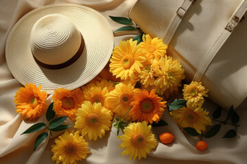 Poster - Summer flat lay arrangement showcasing a straw hat, a glass of water, and an orange fruit inside an eco shopping bag. Generative Ai.