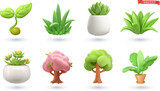 Fototapeta Łazienka - Plant shoot, potted houseplant, tree, grass, 3d vector cartoon icon set