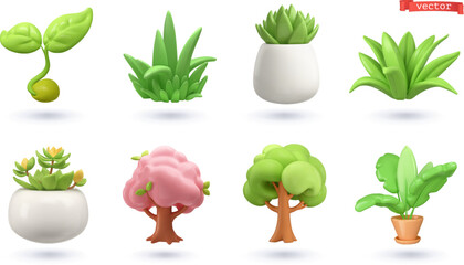 Wall Mural - plant shoot, potted houseplant, tree, grass, 3d vector cartoon icon set