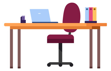 Poster - Working place. Office chair and desk with laptop. Remote workplace