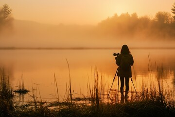 early morning photo shoot of female wildlife photographer by a lake
