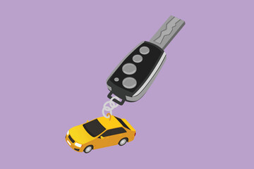 Cartoon flat style drawing key car and key ring over the metallic table. Clipping path included. Electronic car key front and back view and alarm system logo, icon. Graphic design vector illustration