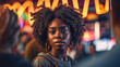 confused or thoughtful, african american black people, woman, curly hair, in front of a bar or restaurant, nightlife, fictional location